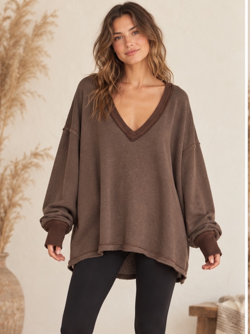 #888 Free People We The Free Venice V Neck Sweatshirt Brown Bear L NWT